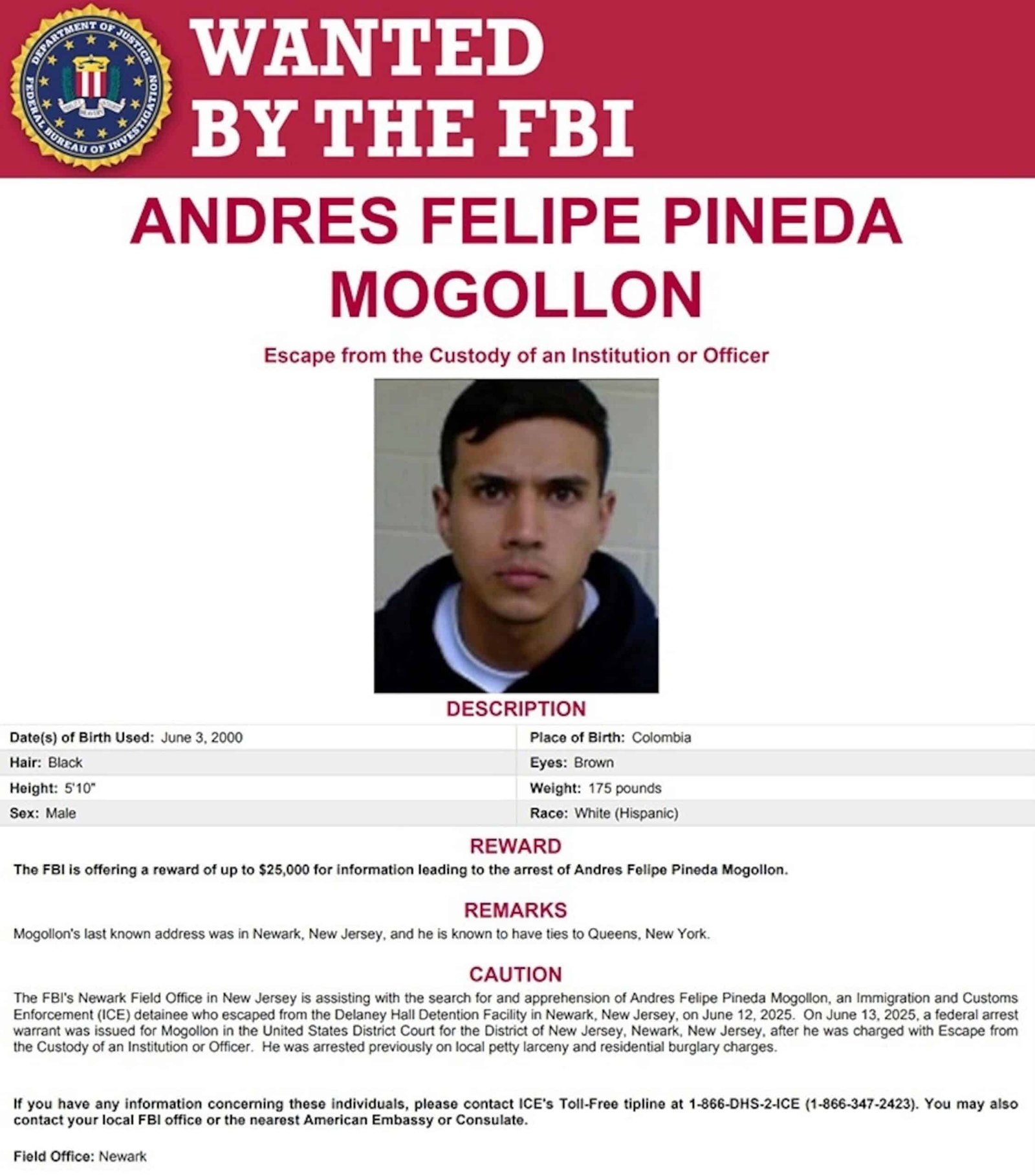 Only 1 prisoner who escaped from the ES New Jersey Fixed Facility in General: FBI


